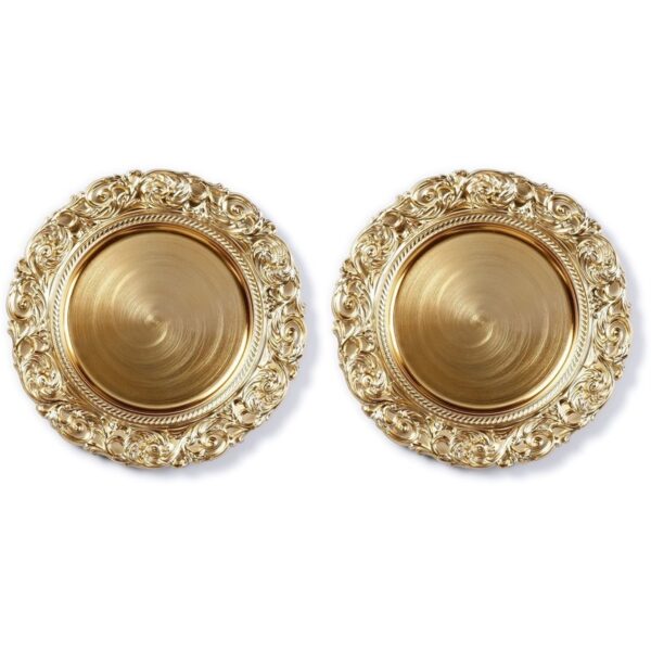 2x Diner borden/onderborden goud met decoratieve rand 33 cm rond