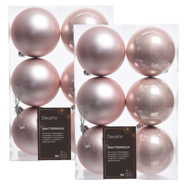 12x Kunststof kerstballen glanzend/mat licht roze 8 cm kerstboom versiering/decoratie lichtroze -