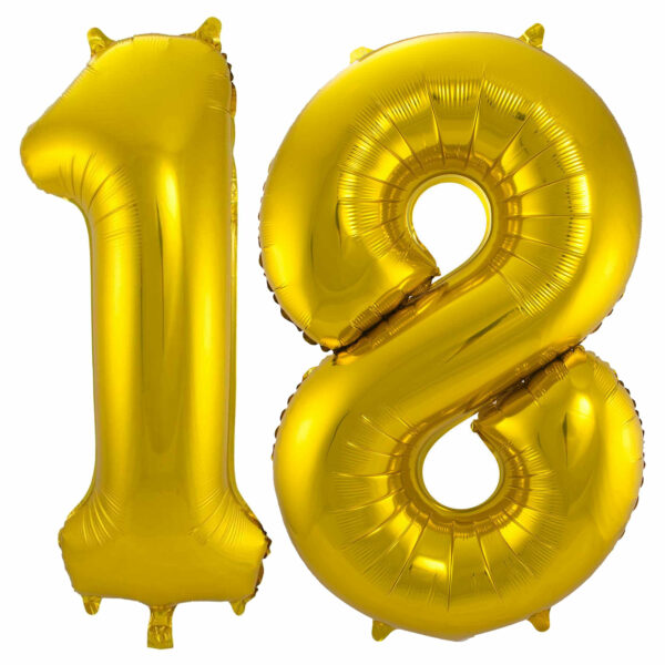 Grote folie ballonnen cijfer 18 in het goud 86 cm