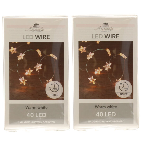 Draadverlichting lichtsnoer - 2x - 40 sterren - lampjes - led - warm wit - 200 cm - lichtdraad