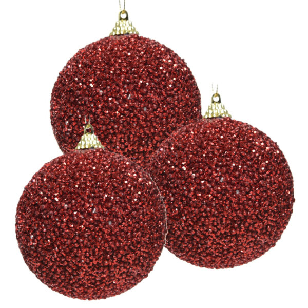 Kerstbal - 3x - rood - glitter - D8 cm - kunststof - onbreekbaar - kerstversiering