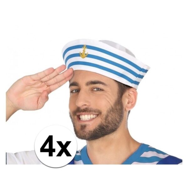 Verkleed hoedje matroos - 4x - volwassenen - lichtblauw - polyester - marine/sailor