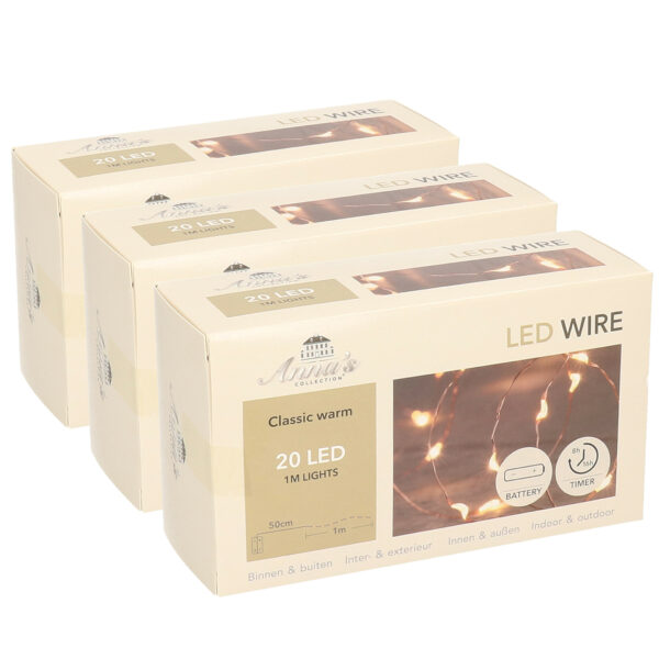 Draadverlichting lichtsnoer - 3x - koper - 20 led lampjes - 100 cm - timer - kerstverlichting