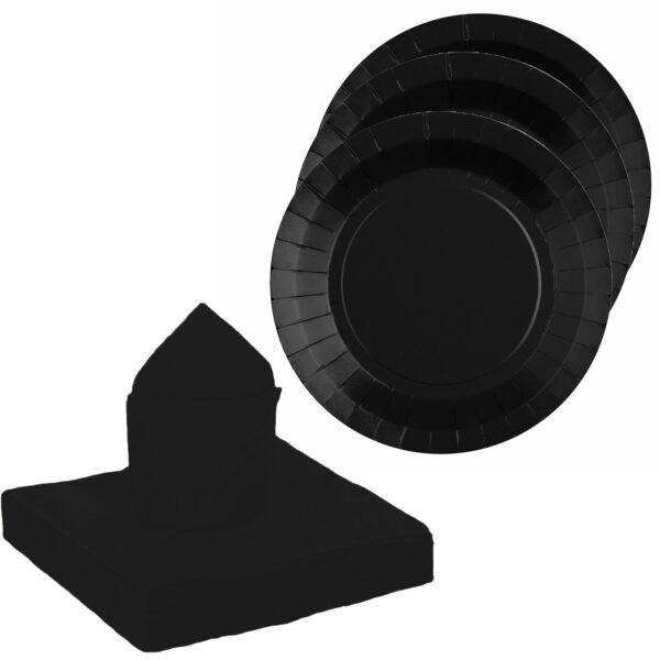 Feest/verjaardag servies set 10x gebaksbordjes/25x servetten - zwart - karton