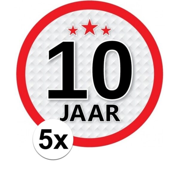 5x 10 jaar leeftijd sticker rond - d15 cm - verjaardag/jubileum