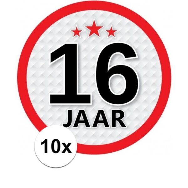 10x 16 jaar leeftijd sticker rond - d15 cm - verjaardag/jubileum