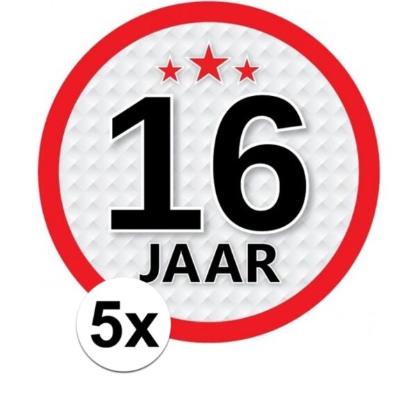 5x 16 jaar leeftijd sticker rond - d15 cm - verjaardag/jubileum -