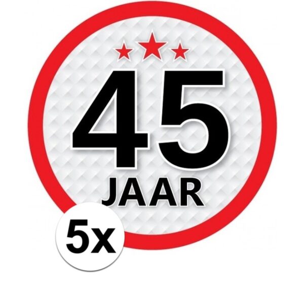 5x 45 jaar leeftijd sticker rond - d15 cm - verjaardag/jubileum