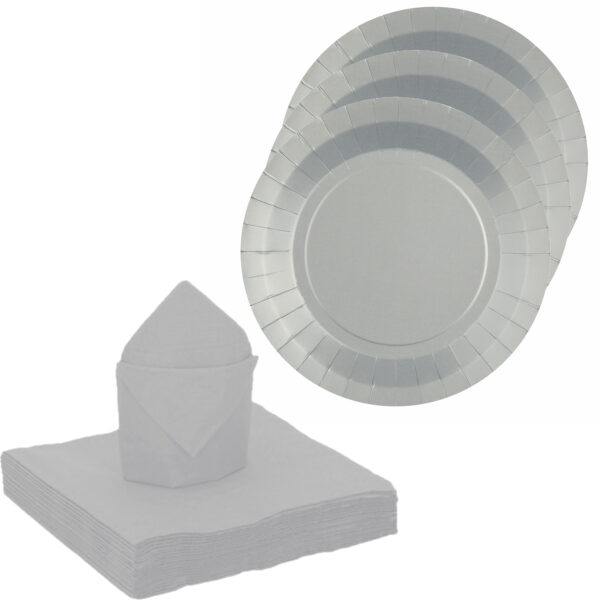 Santex servies set karton - 10x bordjes/25x servetten - zilver -