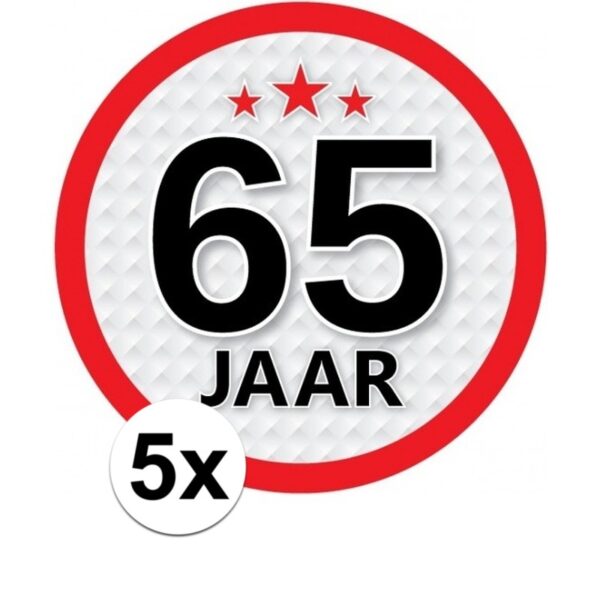 5x 65 Jaar leeftijd stickers rond verjaardag versiering