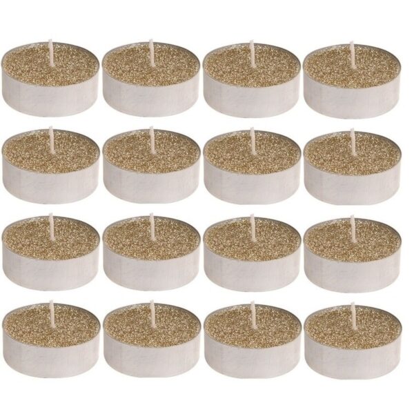 Waxinelichtjes - 16x st - goud glitter - 3,7 cm - theelichtjes - waxinekaarsjes