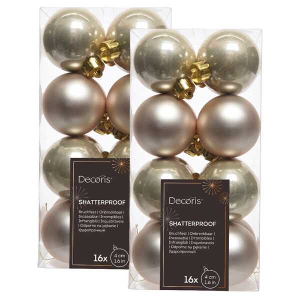 32x Licht parel/champagne kerstballen 4 cm glanzende/matte kunststof/plastic kerstversiering