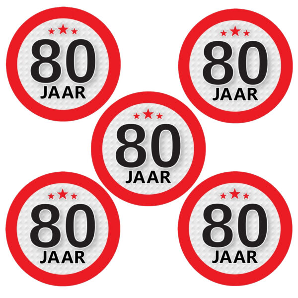 5x 80 jaar leeftijd sticker - rond - dia 9 cm - 80 jaar verjaardag/jubileum/leeftijd versiering