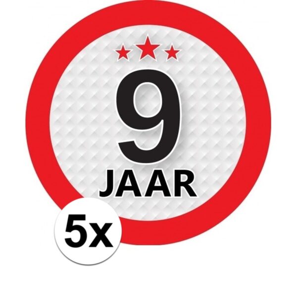 9 jaar versiering ronde stickers 9 cm rond 5 stuks