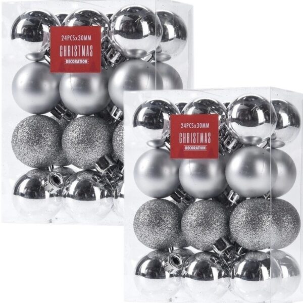 48x Glans/mat/glitter kerstballen zilver 3 cm kunststof kerstboom versiering/decoratie -