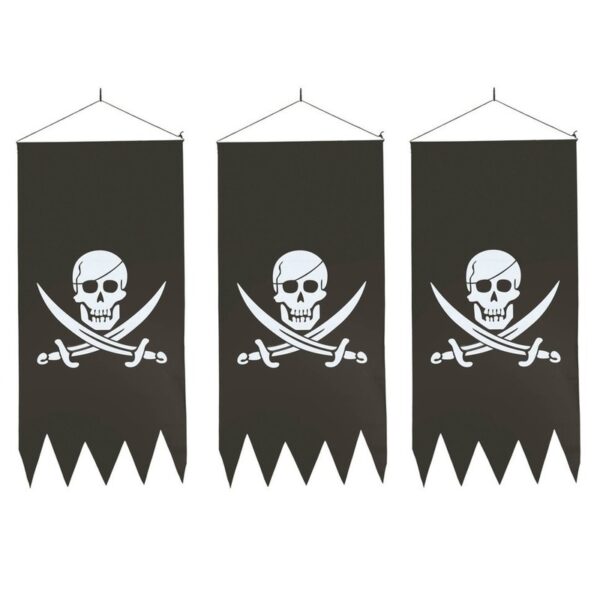 3x Zwarte piraten vlaggen met doodskop 86 cm