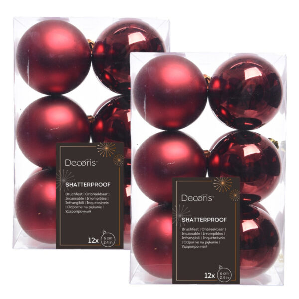 24x Kunststof kerstballen glanzend/mat donkerrood 6 cm kerstboom versiering/decoratie
