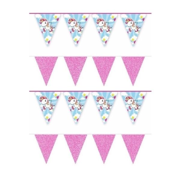 2x Eenhoorn en 2x roze glitter vlaggelijnen/slingers 10 meter feestartikelen