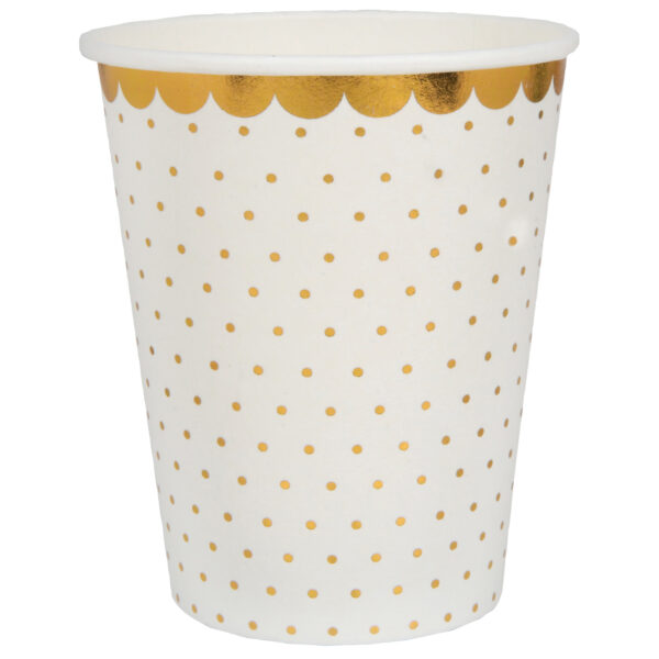 Santex wegwerp bekertjes stippen - Bruiloft - 10x stuks - 270 ml - wit/goud