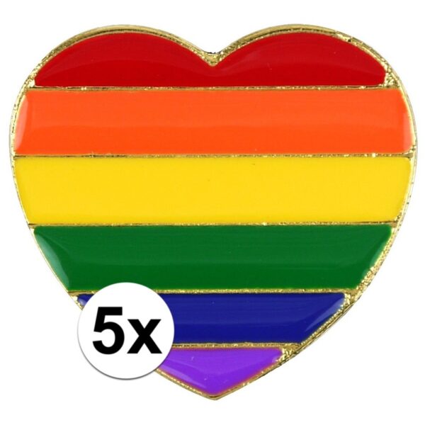 5x Regenboogvlag kleuren metalen hartje broche 3 cm