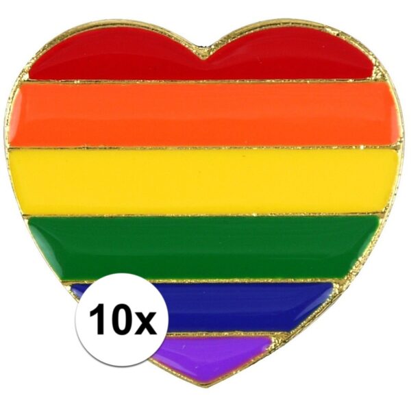 10x Regenboogvlag kleuren metalen pin/broche hartje 3 cm