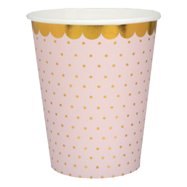 Santex wegwerp bekertjes stippen - Babyshower meisje - 10x stuks - 270 ml - roze/goud -