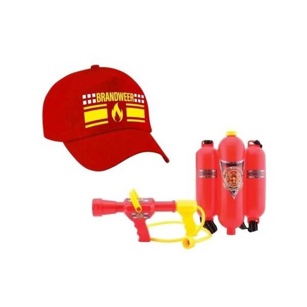 Brandweer met vlam carnaval pet met waterpistool brandblusser -