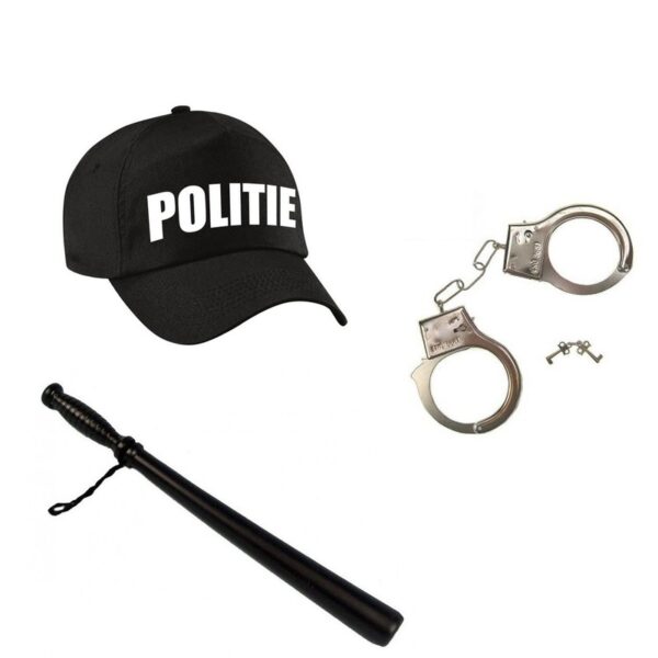 Zwarte politie agent verkleed pet met gummiknuppel en handboeien