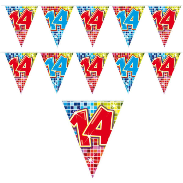 2x Mini vlaggenlijn / slinger verjaardag versiering 14 jaar