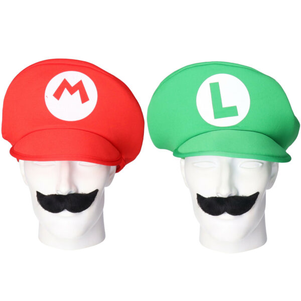 Loodgieter Mario en Luigi verkleed set - pet en snor - groen - gamer verkleed accessoires -