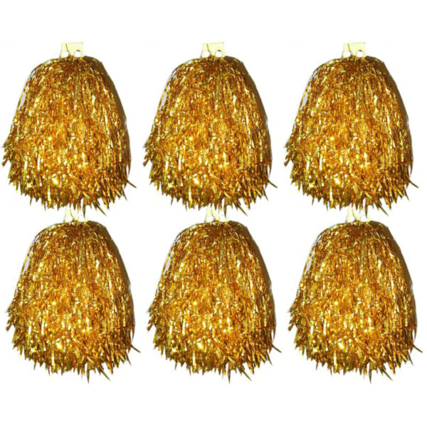 Cheerball/pompom goud - 6x - met ringgreep - 33 cm - Cheerleader verkleed accessoires
