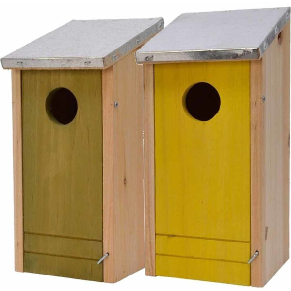 Set van een geel en groen vogelhuisje voor kleine vogels 26 cm