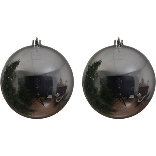 Decoris grote kerstbal - 2x - zilver - glans - kunststof - 14 cm - onbreekbaar - kerstversiering