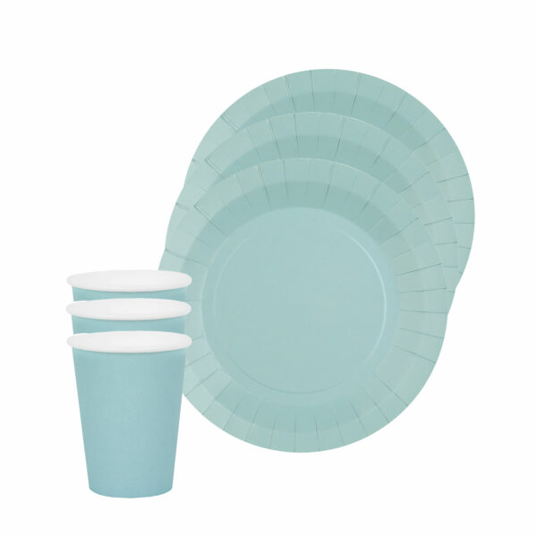 Feest/verjaardag servies set 10x gebaksbordjes en bekertjes - lichtblauw - karton