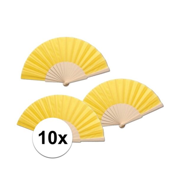 Spaanse waaier - 10x - geel - 42 x 23 cm - hout - verkoelend - handwaaier