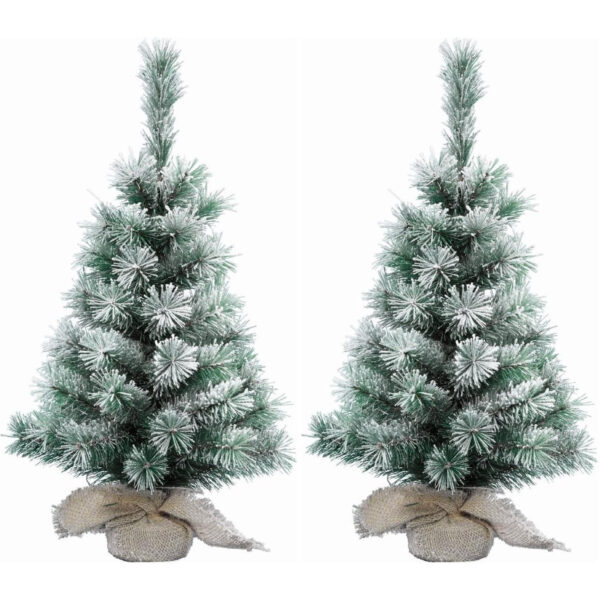 2x Stuks mini kerstboom met sneeuw 60 cm in jute zak