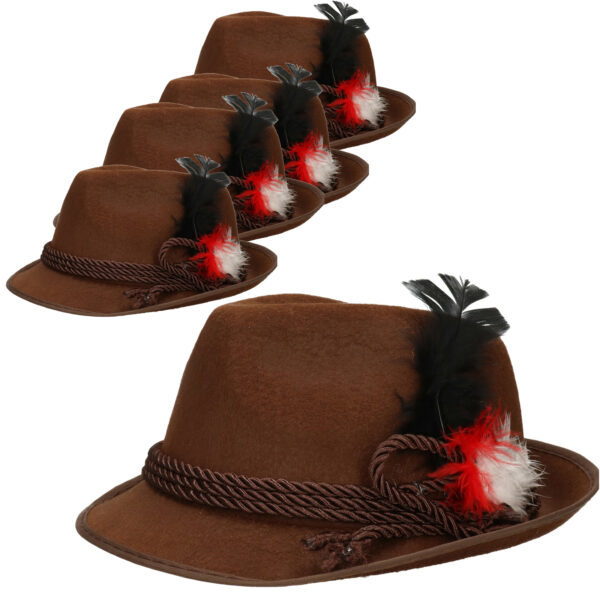 Tiroler hoedje met koord en veer - 6x - bruin - volwassenen - Jagershoedje/Oktoberfest
